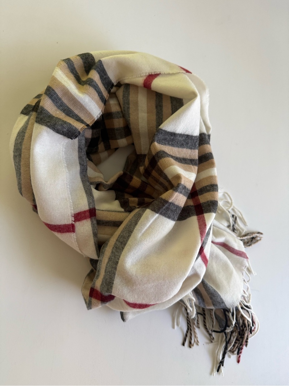 V. FRAAS Cream Plaid Oversized Fringe Scarf with Red & Black Accents